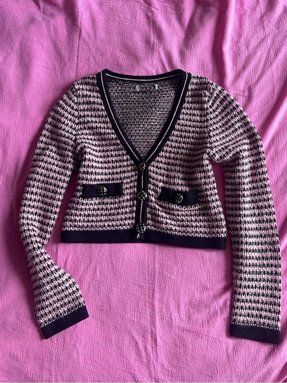 Y2K Prep Pink and Black Knit Cardigan